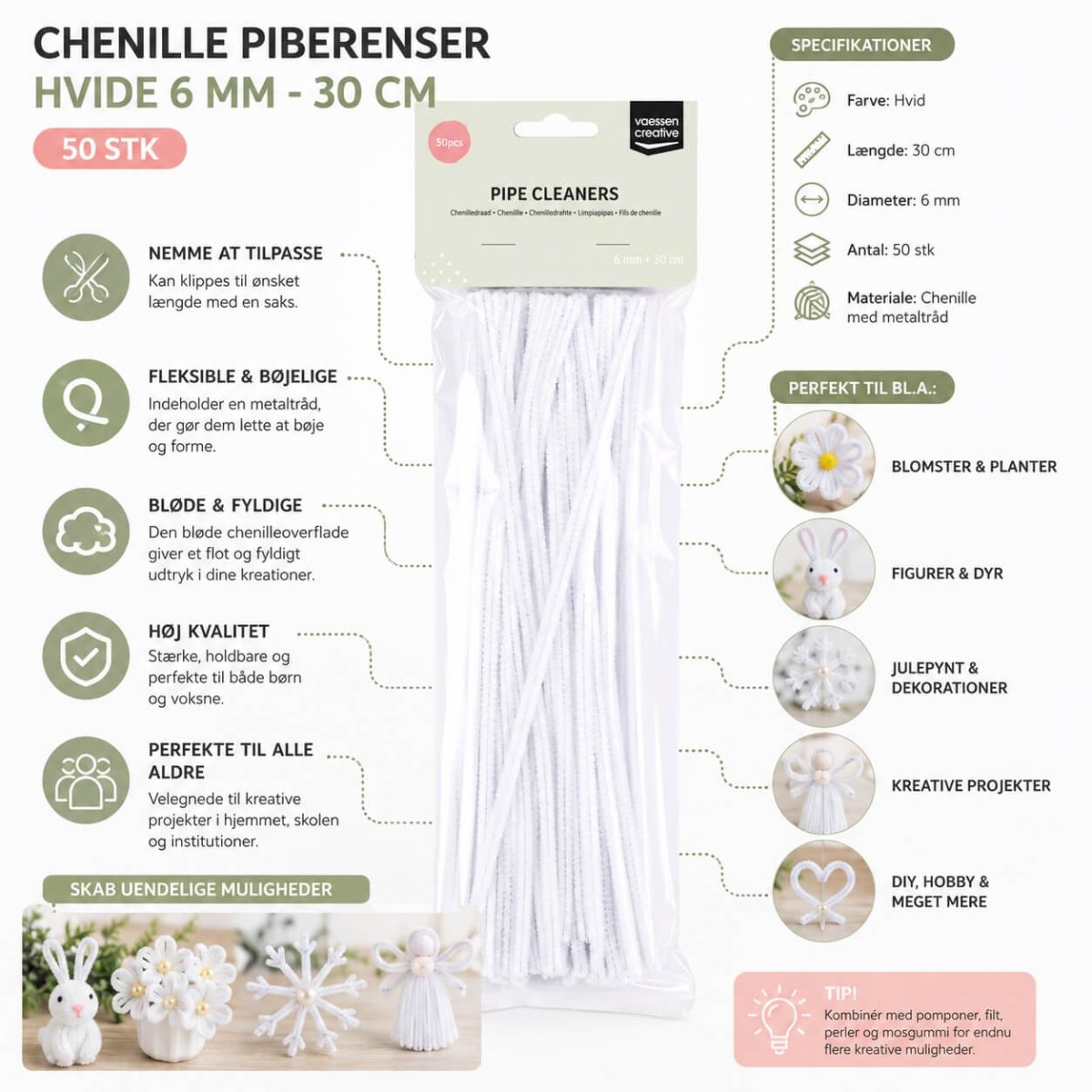 Chenille Piberenser Hvide 6 mm 30 cm 50 stk – Perfekte til Kreative Hobbyprojekter, Dekorationer og DIY - Billede 4
