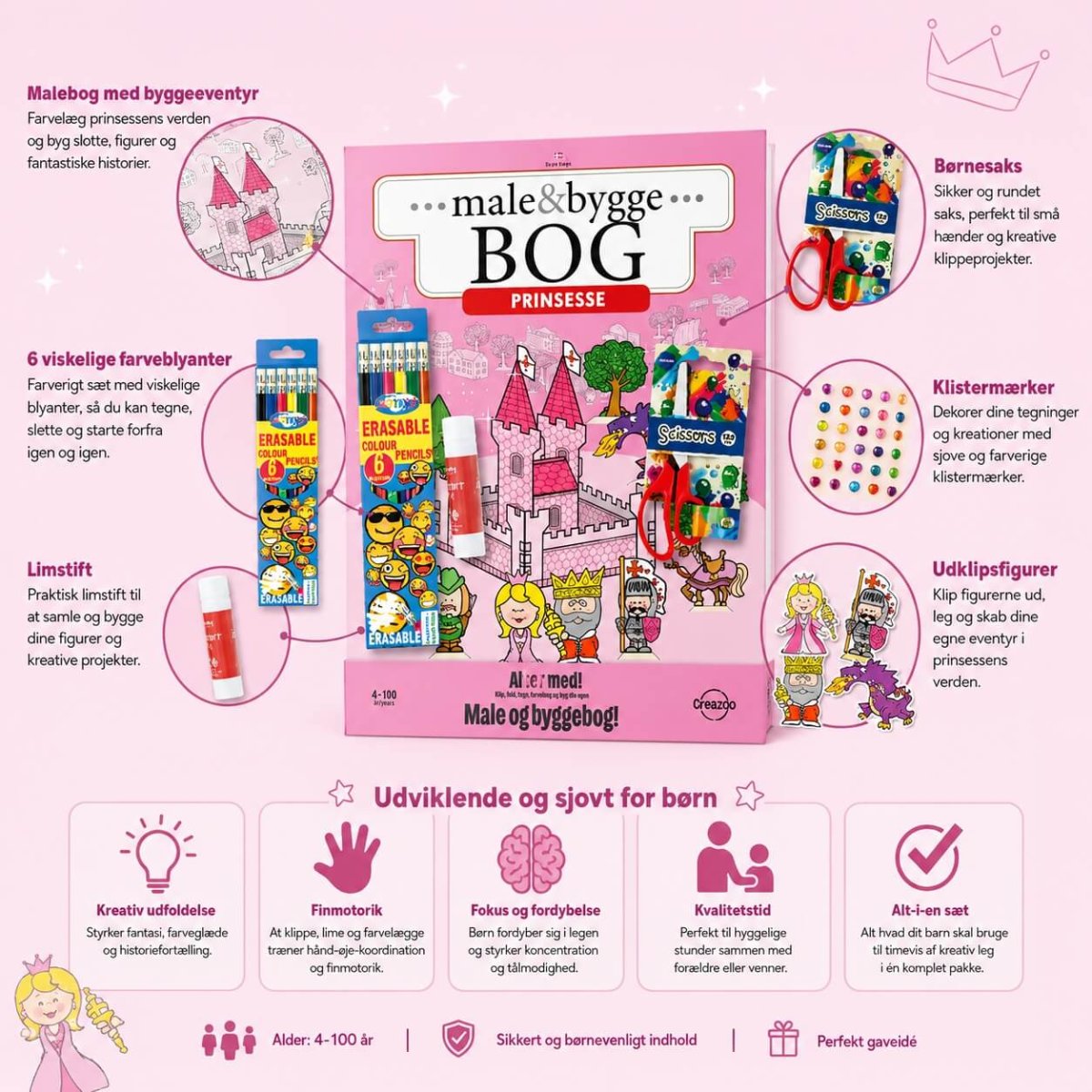 CREAZOO Male og Byggebog Prinsesser – Kreativ Prinsessebog med Lim, Saks og Farveblyanter - Billede 5