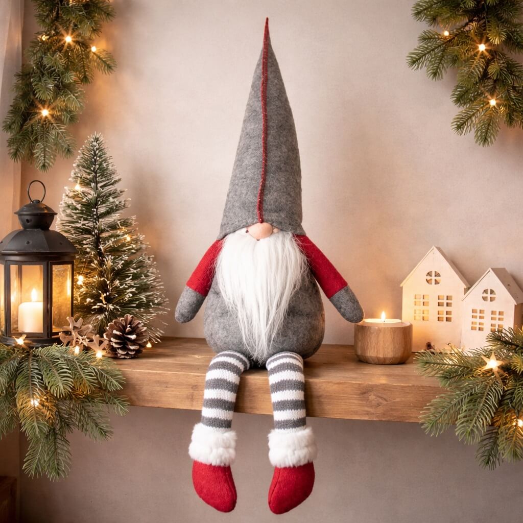 Siddende grå filt nisse 50 cm – klassisk nordisk julepynt - Billede 4