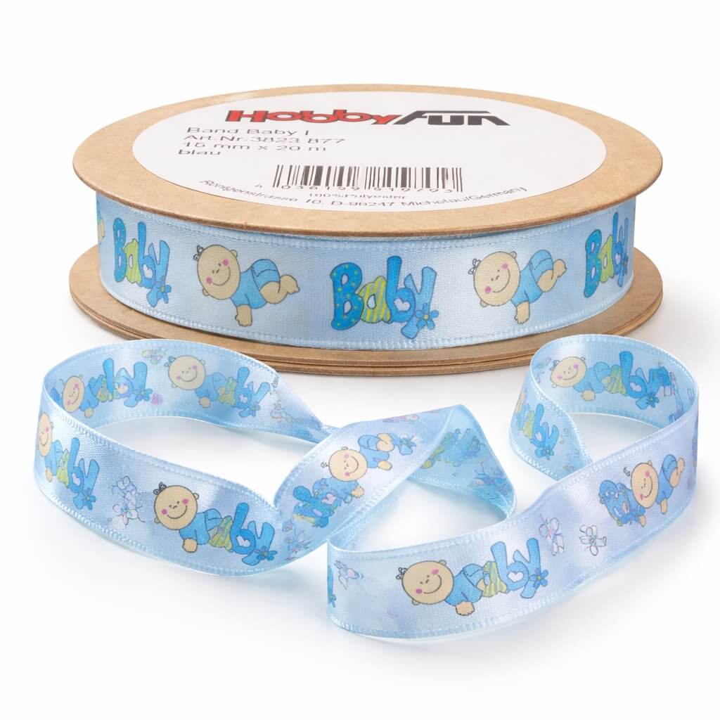 Bånd med baby tekst og motiver – Lyseblå 15 mm x 20 m - Billede 2