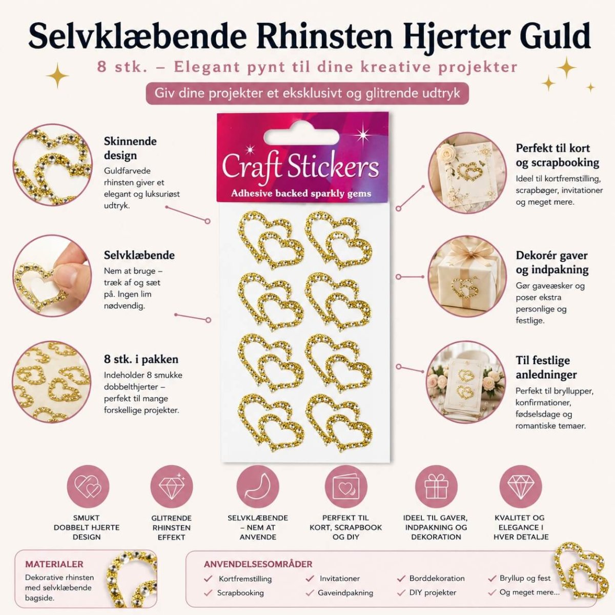 Selvklæbende Rhinsten Hjerter Guld dobbelt – 8 stk. - Billede 4