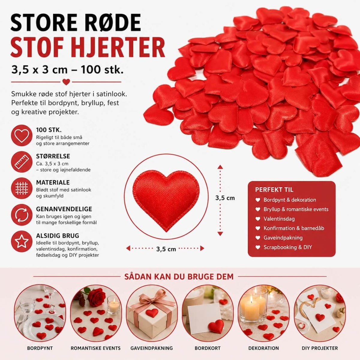Store røde stof hjerter 3,5x3cm – 100 stk. | Romantisk bordpynt til bryllup & fest - Billede 5
